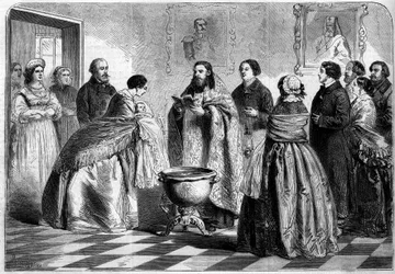 Orthodox rite - baptism: baptism ceremony, according to the Greek rite, in the upper Russian society in 1858. The child is present to the Pope by his godmother before being immersed in the baptistere. Engraving in “” Le Monde Illustré”” n°81 of 30 October 