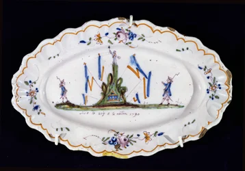 Oval plate med påskriften Vive le Roi et la Nation 1790, Nevers verksted, (keramikk)
