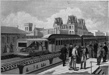 Oversikt over Elevated Railroad stasjon og elektrisk tog i New York, USA. Gravering i "" La Nature. Revue des sciences et de ses applications aux arts et a l