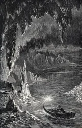 Padirac-grotten i Lot-avdelingen, i Frankrike - Underjordisk elv - Gouffre de Padirac - i Lot i Frankrike - gravering i "" PATRIE" - PIKKEBESKRIVELSE AV FRANKRIKE I 6 BIND AV LUCIEN HUARD - slutten av 1800-tallet