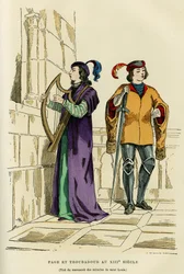 Sidedrakter og trubadur på 1200-tallet. Fargegravering etter en tegning av manuskriptet til Saint Louis mirakler (Louis IX 1214-1270), i «France et les francais à travers les centuries» av Augustin Challamel, F.Roy-redaktør, Paris 1882. S