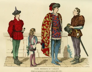 Sidedrakter, herre og varlet på 1400-tallet,. Gravering i farger etter et billedvev av katedralen i Bern 1440-1450, i «France et les francais a travers les centuries» av Augustin Challamel, F.Roy-redaktør, Paris 1882. Selva Collection.