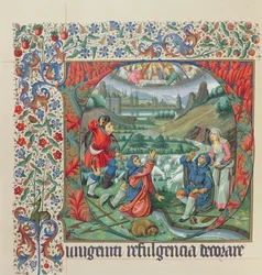 Side fra en faksimileutgave av Missel de Jouvenel des Ursins med en historisk initial og utsikt over Paris og Seinen på 1400-tallet