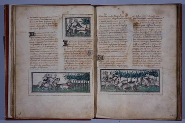 Side 57 og 58, fra Le Livre du Roy Modus et de la Royne Racio, av Henri de Ferrieres, ca. 1420 (penn og blekk og wc på papir)