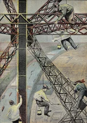 Malere i arbeid, hengende 200 meter over Paris, for å male Eiffeltårnet i 1899. Gravering i "" Le Pelerin"" 16.07.1899.