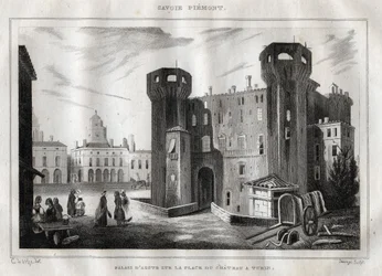 Palace of Aosta on the Place du Chateau in Turin - Engraving from “” Italy Picturesque”” - Historical and Descriptive Painting of Italy” by M. de Norvins, Ch. Nodier 1834-1836.