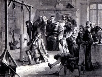 Papin (1647 - 1714) eksperimenterer med pulvermaskinen sin før professorene ved University of Marburg - i "Album of Science; berømte vitenskapsmenn; Store funn""" 1896.