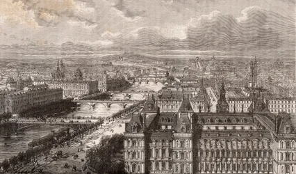 Paris - la seine - les Ponts - vue prise de la tour Saint-Gervais - engraving in “La France illustree: geography, history, statistical administration” by V.-A. Malt-Brown. 1884