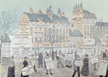Paris Street Scene med mange annonser, hovedsakelig for medisiner, 1885 (fargegravering)