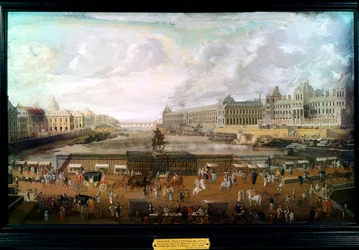 Paris, utsikt over Pont-neuf (Pont Neuf), Palais du Louvre og College of Four Nations rundt 1680 (olje på lerret)