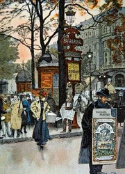 Parisisk gatebilde nær metrostasjonen Palais-Royal, ca. 1900 (farge litho)