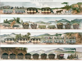 Passasjerer og gods på den første franske linjen åpnet mellom Lyon og St. Etienne, 1829 (farge litho)