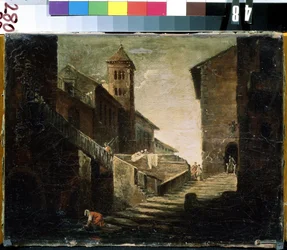 ""Landskap i en fransk landsby"" Broen og elven i et populært distrikt. Fransk skolemaleri. Mikhail Kroshitsky kunstmuseum tidlig på 1700-tallet, Sevastopol (Sevastopol) Ukraina