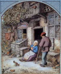 Bønder foran huset deres Akvarell av den franske skolen. Chantilly fra 1500-tallet, Conde museum