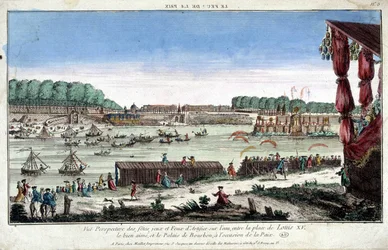 Perspektivvisning av fester, spill og fyrverkeri på vannet, mellom Place Louis XV og Palais Bourbon, i anledning fred