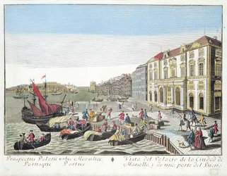 Perspektiv utsikt over rådhuset og en del av havnen i Marseille, ca. 1770