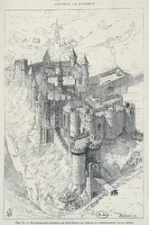 Perspektivbilde restaurert av Gelis Didot, av Chateau de Bourbon - L#39;Archambault på begynnelsen av 1500-tallet - Gravering