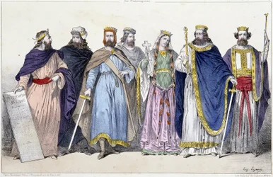 Pharamond, Clodion, Merovee, Childeric, Clotilde, Clovis 1er og Childebert 1er - i "Det franske monarkiet i trykk"