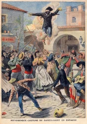 Pittoresk skikk av hellig lørdag i Spania: folket lager en flettet mannequin kledd i oriskins (Judas) som går gjennom gatene, invektiv, skutt og brent - illustrasjon fra "The Petit Journal" av 31. mars