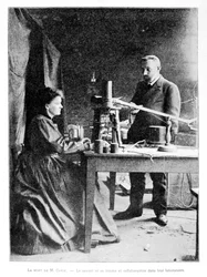 Pierre (1859-1906) og Marie (1867-1934) Curie i laboratoriet deres