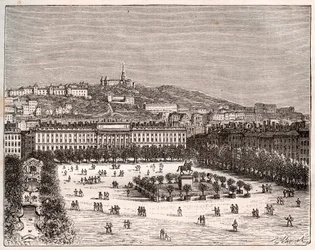 Place Bellecour eller Place Louis-le-Grand - det største torget i Lyon - gravering i "La France illustrée: geografi, historie, statistisk administrasjon" av V.-A. Malt brun. 1884