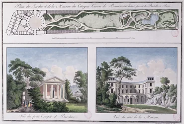 Plan over hagen og huset bygget for Pierre Augustin Caron de Beaumarchais (1732-99) av Lemoine, ca. 1784