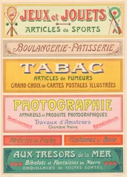 Plate nr. 20: Skiltmodeller for bokstavmaler i jugendstil (Spill og leker, Bakeri-Patisserie, Tobakk, Fotografi).