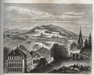 Plombieres-les-Bains (Plombieres les Bains) termiske feriestedet Vosges - gravering i "La France illustree: geografi, historie, statistisk administrasjon" av V.A. Malt-brun. 1884