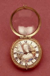 Lommeur med kapittelring i hvit emalje, med et portrett som sies å være av Anne Marie Louise dOrleans, hertuginne av Montpensier (1627-93), av Jean Hubert, ca. 1650 (metallforgylt og emalje)