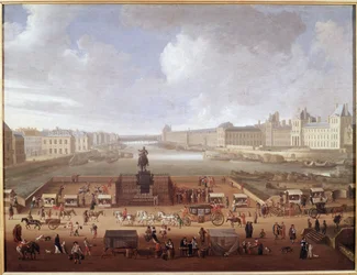 Pont-Neuf, Paris, sett fra inngangen til Place Dauphine som viser 4 Nations College, Quai Malaquais og Louvre (olje på lerret