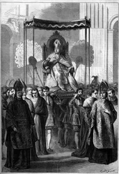 Pave Pius IX (1792-1878) bærer prosesjoner til St. Peter-kirken i Roma (Italia) på palmesøndag i 1861. Gravering i "" Le Monde Illustré"" nr. 209 av 13. april 1861.