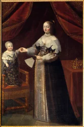 Portrett til fots av Anne av Østerrike (1601-1666), dronning av Frankrike med Louis XIV-barn Maleri av den franske skolen på 1600-tallet. Chambord, slottsmuseum