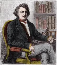Portrett av Andre Marie Ampere (1775-1836) fransk fysiker - Andre-Marie Ampere (1775-1836), fransk fysiker og pioner innen elektrodynamikk - Gravering i "" Sciences mise à la range de tous - physics et chimie populaires"" av Alexis Geis