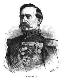 Portrett av Charles Denis Bourbaki (1816-1897), fransk offiser. Gravering i «Les Illustrations De L