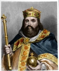 Portrett av Charles III the Gros (839-888) keiser av Vesten (881 - 887) og regent av Frankrike (884 - 887) - i "Histoire des Francais" av Lavallee, gravering, sd.