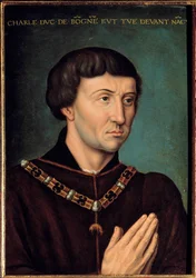 Portrett av Karl Temeraire (1433-1477) hertug av Burgund i 1467 Maleri av den franske skolen. 1475 søn. 0,42x0,3 m.