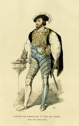 Portrett av Claude de Lorraine (1496-1550), første hertug av Guise. Fargegravering, i "Frankrike og franskmennene gjennom århundrene"" av Augustin Challamel, F.Roy-redaktør, Paris 1882. Selva-samlingen.