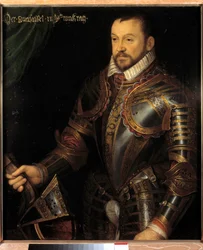 Portrett av Francois I, hertug av Montmorency, marechal av Frankrike (1530-1579) i rustning gravert med monogrammet hans og hans kone Diane de France-maleri fra den franske skolen på 1500-tallet. Dim. 0,87x0,74 m. Versailles, Chateaux de Versailles et