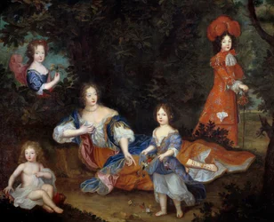 Portrett av Francoise Athenais (Francoise-Athenais) av Rochechouart Mortemart, Marquise de Montespan (eller Madame de Montespan) (1640-1707) og hennes barn, hertugen av Maine, greven av Vexin, frøken av Tours og frøken av Nantes maleri av fransk skole