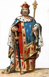 Portrett av Hugues I Capet (v. 941 - 996), hertug av Frankrike og deretter konge av Frankrike. Kromolitografi fra slutten av 1800-tallet.