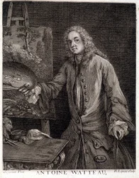 Portrett av Jean Antoine Watteau (1684-1721), fransk maler - gravering