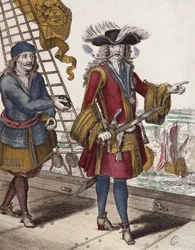 Portrett av Jean Bart (1650-1702) som holder en brennende lunte i munnen under et sjømøte (fargegravering)