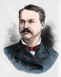 Portrett av Louis Honore (Louis Honore) Frechette (1839-1908), kanadisk poet og dramatiker. Gravering av Charles Georges i "" Le Monde Illustré"" nr. 1328 av 9. september 1882.