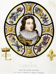 Portrett av Ludvig XIII, konge av Frankrike (1601-1643). Faksimile av et glassmaleri fra middelalderen i «Histoire de la peinture sur verre»» av Ferdinand de Lasteyrie