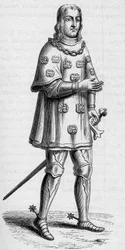 Portrett av Louis de Malet, herre av Graville (ca. 1441-ca. 1519), admiral av Frankrike i 1487, i krigs- og turneringsdrakt. Gravering i "La Marine et les colonies: handel"