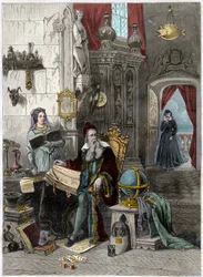 Portrait of Nostradamus, Michel de Notre Dame (1503-1566) French astrologer and doctor with Catherine de Medicis (Caterina de Medici) (1519 - 1589) - 19th century (engraving)