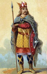 Portrett av Pharamond (eller Pharamun eller Faramund eller Paramund), kongen av Salian Francs (regjering mellom 420-428). Kromolitografi rundt 1890.