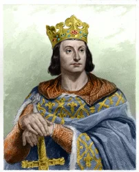 Portrett av Filip II, kalt Filip August (1165-1223), konge av Frankrike - i «Histoire des Français» av Lavallée, gravering, udatert.