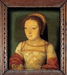 Portrett av Renee av Frankrike, datter av Ludvig XII, hertuginne av Ferrara (1510 - 1575). Olje på tre, 0,16 x 0,13 m. anonymt maleri. Fransk skole på 1500-tallet.