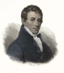 Portrett av Sir Humphry Davy (1778-1829), engelsk kjemiker og fysiker. i «Portraits des Hommes Useful»